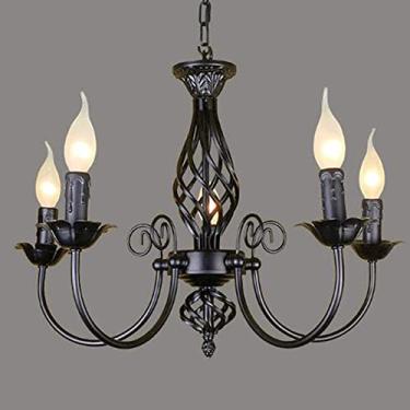 Imagem de Lustre antigo clássico com soquete E14, luminária pendente francesa retrô preta, altura ajustável, estilo campestre, para sala de estar, cozinha, sala de jantar e corredor, com 5 lâmpadas.