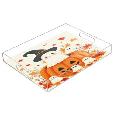 Imagem de xigua Bandeja de servir de acrílico fantasma de Halloween com alças à prova de derramamento, bandejas decorativas de festa de Halloween, bandeja organizadora de bancada para banheiro, cozinha, 30,5 x