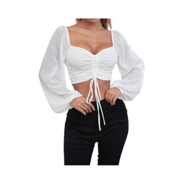 Imagem de Blusa Feminina Cropped De Malha Canelada Com Manga Transparente, Detal