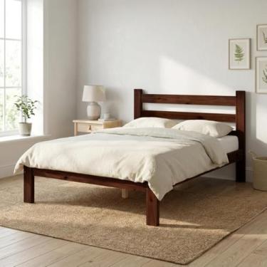 Imagem de Cama de Casal com Colchão Madeira Maciça Reforçada Castanho