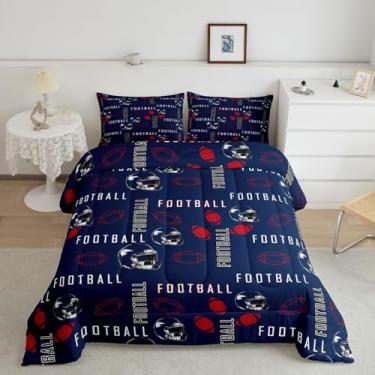 Imagem de jejeloiu Conjunto de cama de futebol americano, tamanho solteiro, New England, para decoração de quarto de meninos, meninas, adolescentes, azul, vermelho, respirável, microfibra leve e macia