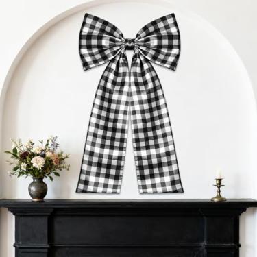 Imagem de CORNER LACE Decoração de laço xadrez preto, 60 x 120 cm, gravata borboleta grande de cetim para sala de casa, lareira, janela, porta, cadeira, cortina, férias, chá de panela, chá de bebê, despedida de