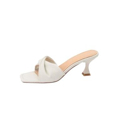 Imagem de Chinelos femininos de verão verde laranja sapatos de cor sólida clássico bico quadrado chinelos de praia salto médio chinelos mulas (bege, médio)