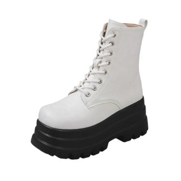 Imagem de Bota feminina no tornozelo frontal com cadarço e sola grossa, bico redondo, estilo casual, Branco, 34