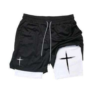 Imagem de Shorts De Corrida Masculinos 2 Em 1 Com Estampa Cruzada, Bolso Para Ce