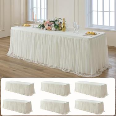 Imagem de leegleri Pacote com 6 toalhas de mesa de tule marfim de 2,4 m para mesas retangulares, capas de mesa creme 2 em 1 com saia de tule, toalhas de mesa de tule elásticas sem rugas, adequadas para festas