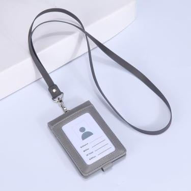 Imagem de Porta-cartões de trabalho, vida diária, couro PU, capa multifuncional com cordão e crachá (cinza)