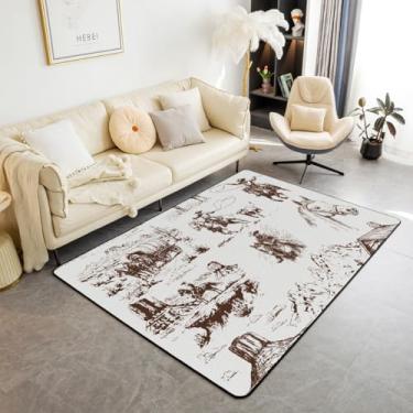 Imagem de jejeloiu Tapete de área ocidental 3x5 branco e preto cowboy vaca tapetes de sala de estar cowboy tapete decorativo tapete de chão interior cacto do deserto