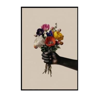 Imagem de Casal afro-americano segurando buquê colorido arte de parede em tela floral vintage 40,6 x 61 cm sem moldura | Decoração romântica de flores inspiradas na África para quarto, sala de estar, escritório