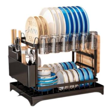 Imagem de Escorredor de Louças Pratos Grande com Bandeja 2 Andares Cor:Preto - 3
