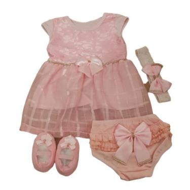 Imagem de Kit Vestido Calcinha Sapatinho Laço Roupa Bebe 0-6 meses 4pc - Lala Lu