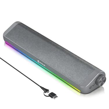 Imagem de GTIMLMC Alto-falantes de computador para PC desktop, 5 modos de luz LED RGB dinâmicos, entrada com fio USB, botão de controle fácil, barra de som estéreo para jogos para laptop, monitor cinza