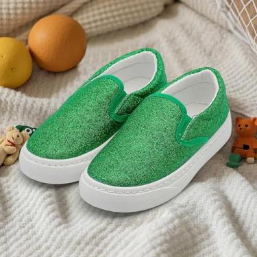Imagem de Tênis infantil para meninas, meninos, crianças, moderno, cano baixo, sem cadarço, lona, sapatos casuais confortáveis, sem cadarço, cor purpurina, caminhada, corrida, salto plano, verde, Verde, 22
