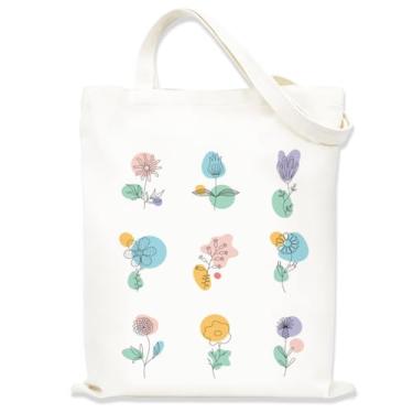 Imagem de Sacola estética minimalista de flores silvestres para mulheres e meninas, bolsas de tecido com alças, sacola floral pastel, sacolas fofas para mulheres, bolsa de compras reutilizável para viagens