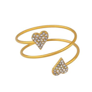 Imagem de Elegante anel de declaração de coração para mulheres imitação CZ coração duplo amor em camadas aço inoxidável banhado a ouro anel de dedo envoltório aberto moda aliança de casamento data diária