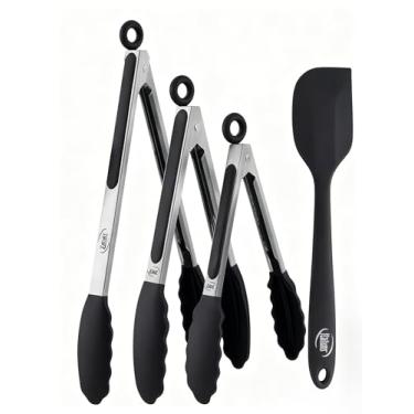 Imagem de 4 pinças de cozinha para conjunto de cozinha, pinças de grelha com ponta de silicone e uma espátula de silicone resistente ao calor para grelhar, churrasco, servir salada, macarrão, preto