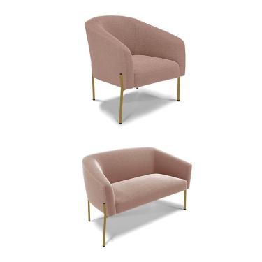 Imagem de Sofá Namoradeira e Poltrona Pé Ferro Dourado Stella Bouclê Rosê D03 - D'Rossi
