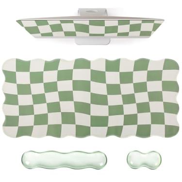 Imagem de L-SPOUTTO Conjunto de mouse pad xadrez verde, tapete de mesa XXL recortado + descanso de pulso ergonômico para mouse + descanso de pulso de teclado de gel para teclado 65%/75%, almofada de mesa grande