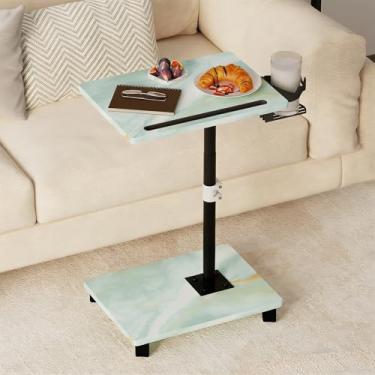 Imagem de Katrawu Bandeja de TV para comer, apoio de braço de sofá e mesa lateral giratória e ajustável em altura de 360° para sofá, quarto, sala de estar, mesa de canto em forma de C (azul marinho)