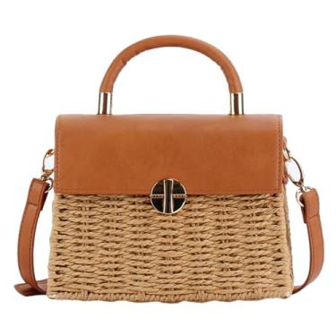 Imagem de Bolsa feminina de palha de tecido de verão PU alça superior bolsa feminina bolsa de praia para férias, Camelo