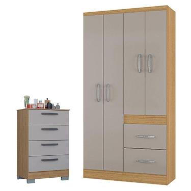 Imagem de Cômoda 867 4 Gavetas Com Guarda Roupa Solteiro Milão 4 Portas Damasco Off White - Poquema