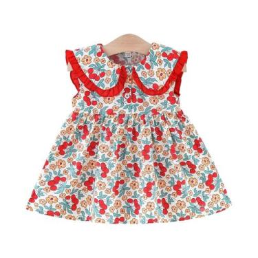 Imagem de Vestido Floral Para Meninas, Sem Mangas, Gola Azul Marinho, Verão, Rou