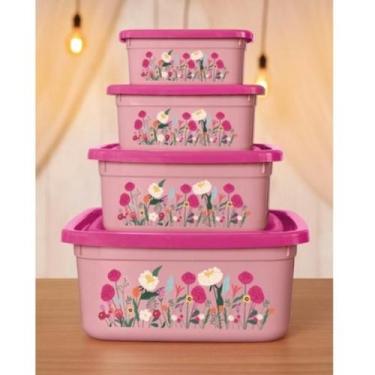 Imagem de Kit 4 Potes Quadrados Rosa Floral - Pra vc 