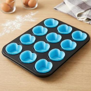 Imagem de Forma Cupcake Antiaderente 12 Forminhas Silicone Kit Assadeira Teflon 