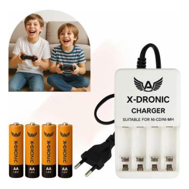 Imagem de Carregador de Pilhas AA AAA 9V Bivolt X-Dronic com 4 Pilhas - Congratu