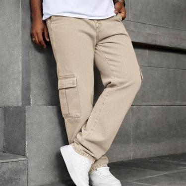 Imagem de Calça Cargo Masculina Jeans Com Cordão Streetwear Balão - Volgue, Bege