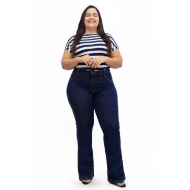 Imagem de Calça Flare Plus Size, Azul Jeans, Cintura Alta, Bolso Bordado - Cambo