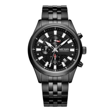 Imagem de Relógio Masculino Megir de Quartzo com Pulseira de Aço Inox à Prova D'água Preto Cronógrafo