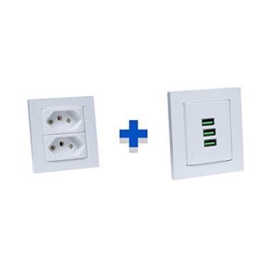 Imagem de Kit Espelho Duplo Reto com 2 Tomadas 10A e 3 USB 5.2A Branco