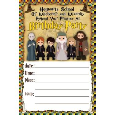 Imagem de Conjunto de 20 cartões e envelopes de convite de feliz aniversário com tema Harry P - Leve (240 g), convites estilo cartão postal para o pacote de festa perfeito