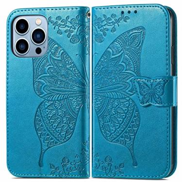 Imagem de Capa para iPhone 14/14 Pro/14 Plus/14 Pro Max, capa de carteira de couro genuíno com capa interna de TPU porta-cartão slim menina feminina alça de pára-choques flip protetora, azul, 14 Pro 6,1 polegadas