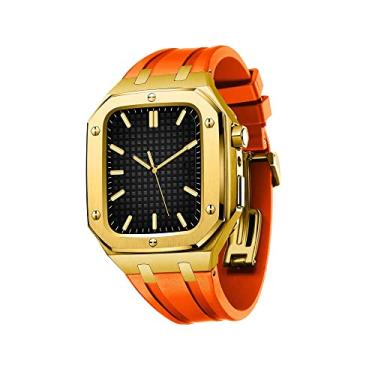 Imagem de TONECY para Apple Watch 44/45mm Mod Kit Acessórios, pulseira de silicone de substituição compatível com IWatch SE/4/5/6/7 Series Gold Case (Cor: Laranja Dourado, Tamanho: 45MM para 7)