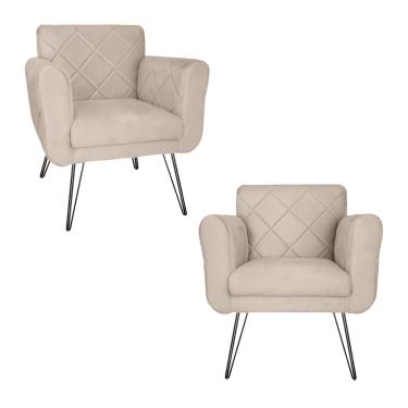 Imagem de Kit 2 Poltronas Decorativas Para Quarto Closet Pés de Ferro Isabella Suede Bege - LM DECOR