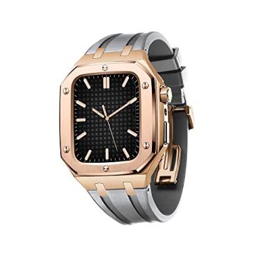 Imagem de BEFIA Caixa inoxidável+pulseiras para Apple Watch Series 7/6/SE/5/4, 45mm 44mm pulseira de silicone caixa de metal para homens mulheres (cor: cinza rosa, tamanho: 45mm PARA 7)