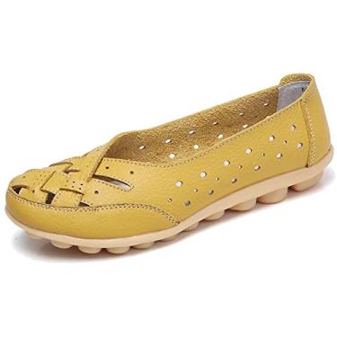 Imagem de Fangsto sapato feminino de couro bovino sapato mocassim sem salto sandálias sem cadarço, Amarelo, 6.5