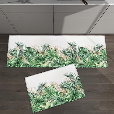 Imagem de Conjunto de 2 tapetes de cozinha plantas tropicais de verão folhas de palmeira folha de monstera verde dourado para tapetes acolchoados e tapetes antiderrapantes absorventes corredor confortável tapete de pé