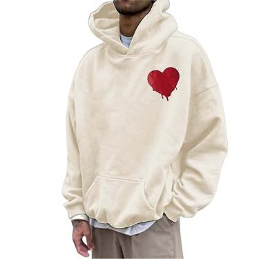 Imagem de Moletom com capuz masculino com estampa de coração amoroso suéter casual leve moletom com capuz Street Hip Hop pulôver top, Bege, GG