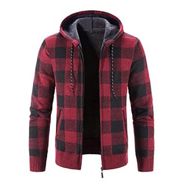 Imagem de Sweat Shirts Suéter masculino moda inverno jaqueta manga longa plus veludo grosso com capuz suéter cardigã jaqueta cardigã, Vinho, G