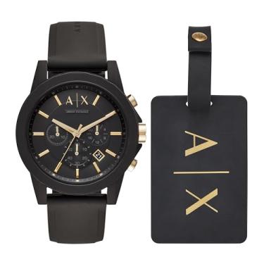 Imagem de Armani Exchange Relógio masculino cronógrafo com pulseira de couro, aço ou silicone, Conjunto de presente de relógio e etiqueta de bagagem, Conjunto de etiquetas de bagagem, ouro