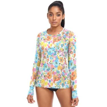 Imagem de KLL Camiseta feminina rústica com flores coloridas fofas, camisas de surfe Rash Guard camisas atléticas de manga comprida, Flores coloridas fofas rústicas, GG