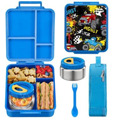Imagem de Lancheira Bento Maison Huis infantil com garrafa térmica de sopa de 236 ml, à prova de vazamento com 4 compartimentos, pote e bolsa térmica para comida, sem BPA, viagem, escola (caminhão monstro)