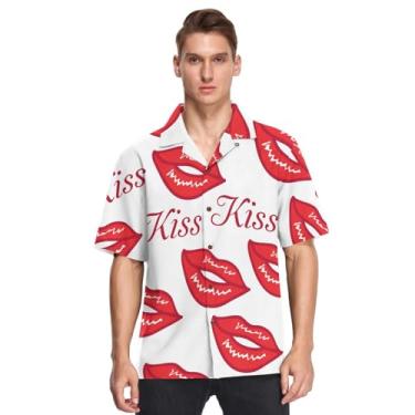 Imagem de Camisa masculina havaiana manga curta abotoada dia dos namorados beijos amor lábio vermelho uso diário camisas de botones para, Dia dos Namorados Kisses Love Lip Red, GG