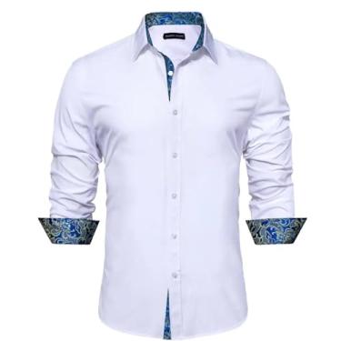 Imagem de Camisas masculinas de seda manga longa azul-petróleo sólido patch Paisley Slim blusa masculina Casaul lapela tops primavera outono, 0358, M