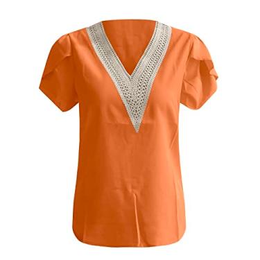 Imagem de Blusas femininas de malha de renda plus size manga curta sexy blusas casuais de verão camiseta camponesa túnica de festa, Laranja, GG