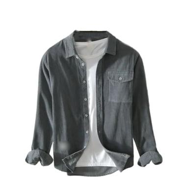 Imagem de Camisa masculina vintage de algodão de veludo cotelê de inverno outono cor sólida bolso simples casual manga longa blusa básica, Cinza escuro 5080, G