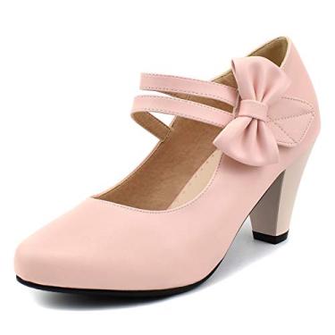 Imagem de 100FIXEO sapatos femininos chiques Mary Jane saltos e escarpim feminino salto alto bloco doce Lolita tira no tornozelo vestido scarpin gancho e laço salto laço bico fechado, rosa, 7